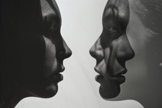 Two women's faces are reflected in a mirror. The reflection of the woman on the left is blurry and the reflection of the woman on the right is clear. double exposure