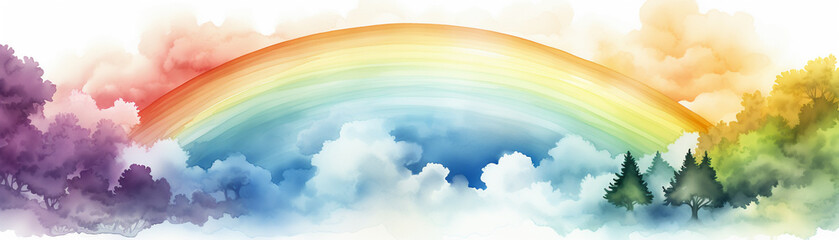 Watercolor rainbow arc on white, broad brush strokes, eyelevel, bright daylight - obrazy, fototapety, plakaty
