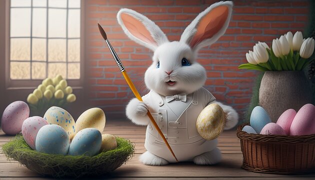 An Easter Bunny painting Easter eggs.
