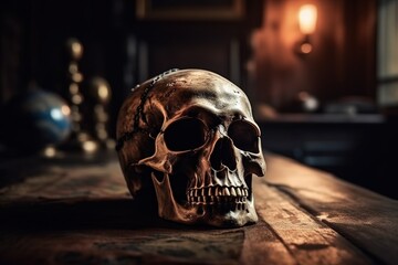 human skull in a terrible room - obrazy, fototapety, plakaty