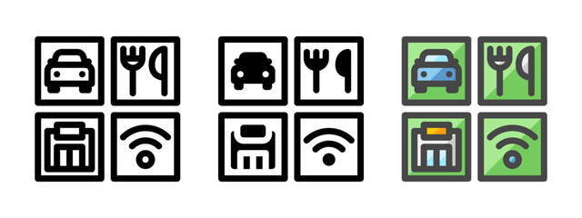 Multipurpose rest area vector icon in outline, glyph, filled outline style. Three icon style variants in one pack.