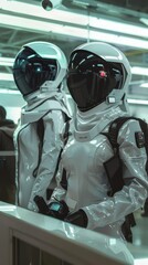 Fototapeta premium Retro-futuristic spaceport security, ray gun scanners, robots checking IDs, stylish uniforms