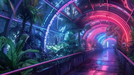 Retro-futuristic space zoo, neon cages, extinct creatures revived through cloning - obrazy, fototapety, plakaty