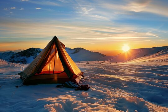 tent pitched on snow with sunrise over mountains