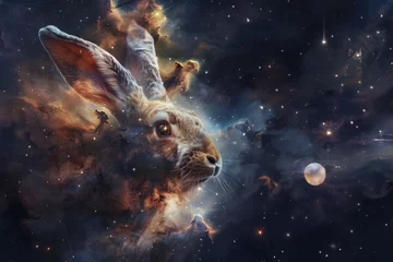Foto op Aluminium This artistic interpretation features a hare seamlessly flying across a starry nebula, blending wildlife with a cosmic backdrop highlighting the beauty of the universe © Fxquadro