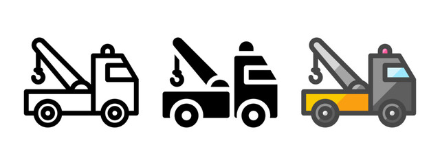 Multipurpose tow truck vector icon in outline, glyph, filled outline style. Three icon style variants in one pack.