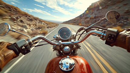 first person point of view perspective riding a vintage motorcycle galloping on US Route and natural landscape