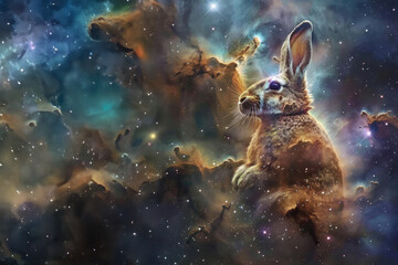 A majestic rabbit gazes into the distance, set against a cosmic backdrop, suggesting curiosity and the ever-searching spirit of life amidst the grand cosmos - obrazy, fototapety, plakaty