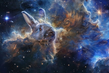 A dreamy depiction of a rabbit softly submerged in cosmic clouds, symbolizing serenity and the tranquil coexistence of nature and the cosmos