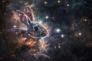 This captivating image blends a celestial space background with a lifelike rabbit, creating a surreal, dreamlike vision of cosmos and nature combined