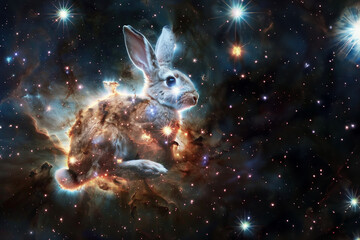 A stunning image showing a rabbit encircled by a shower of interstellar sparkles, suggesting a mystical connection between earth's wildlife and the cosmic realm