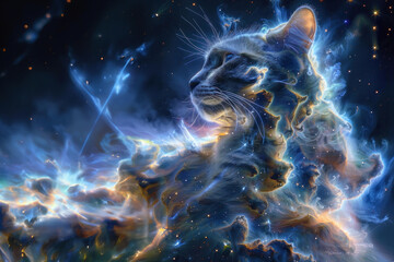 A stunning visual of a cat made of cosmic clouds and stars, embodying imagination and dreams