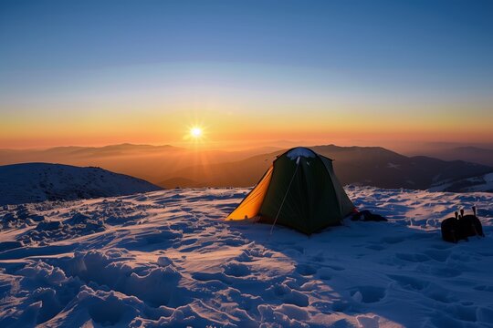 tent pitched on snow with sunrise over mountains