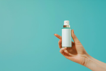 Hand showcasing luxury elegant skincare product bottle against a tranquil aqua blue isolated solid...