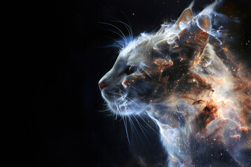A solitary cat head in high contrast against the deep mysteries of a dark cosmic sky evokes solitude and contemplation