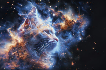 This vibrant portrayal shows a cat's head superimposed onto a fiery, stellar background, depicting energy and life
