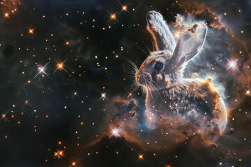 Captivating image showing a rabbit blending with a cosmic background, symbolizing innocence and wonder