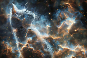 A dreamlike representation of a cat's silhouette filled with vibrant star clusters against a deep space backdrop