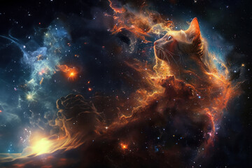 A compelling image capturing a galactic Maine Coon cat gazing at a fiery space horizon, evoking curiosity