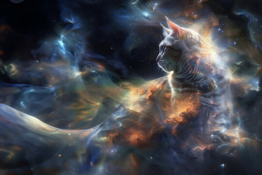 A mesmerizing image of a Maine Coon cat superimposed on a cosmic nebula, symbolizing mystery and the vastness of the universe