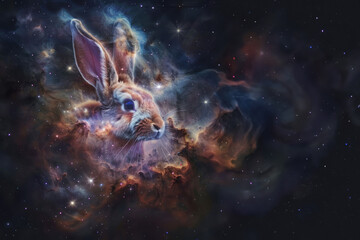 A celestial rabbit image amidst a sparkling nebula, exhibiting a sense of wonder and vastness in the cosmos