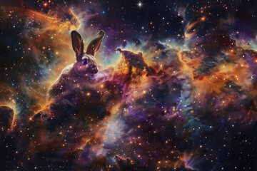 Merging nature with the universe, this image shows a hare set against a stunning backdrop of a cosmic nebula