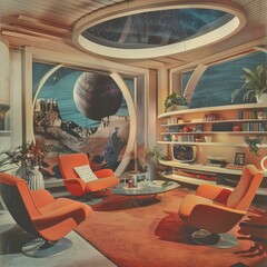 Vintage planetary settlement model home showcase, futuristic living, mid-century style - obrazy, fototapety, plakaty
