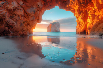 The beauty of a sunset on a beach with archway rocks 2