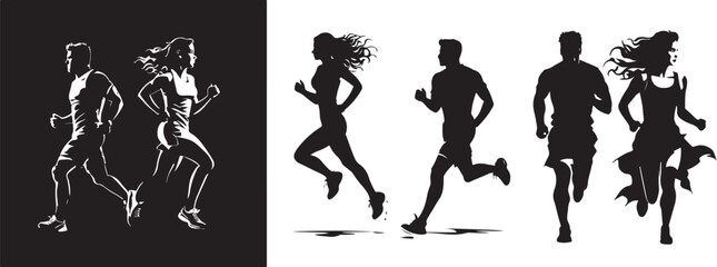 man and woman runners silhouette vector, couple running  - obrazy, fototapety, plakaty
