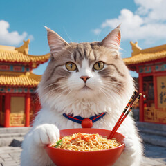 A cartoon cute fluffy cat eats instant noodles with chopsticks against the background of Chinese houses.