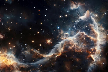 An enchanting digital art piece of a feline face emerges from celestial elements, exuding mystique