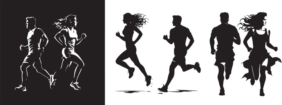 man and woman runners silhouette vector, couple running 
