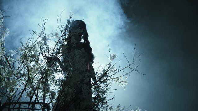 dark silhouette ghost fantasy woman goes to bright neon blue moon light ray in black night forest glow fog tree flowers. Mystery sexy lady Gothic fairy elf Girl fashion model. magic smoke mist art 4k