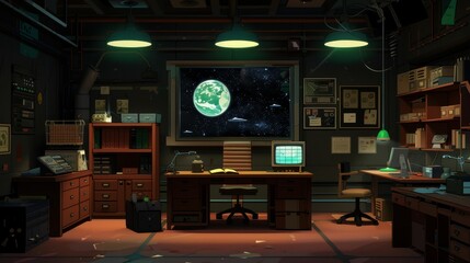 1940s detective office on a space colony, solving interstellar mysteries, retro tech