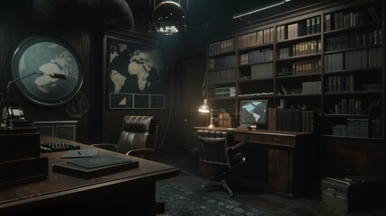 1940s detective office on a space colony, solving interstellar mysteries, retro tech - obrazy, fototapety, plakaty