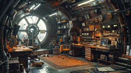1940s detective office on a space colony, solving interstellar mysteries, retro tech - obrazy, fototapety, plakaty