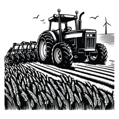 tractor with forwarder in the foreground in wheat farm black outline vector isolated on white background - obrazy, fototapety, plakaty