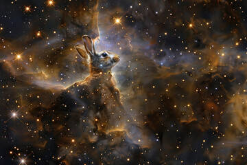 Obraz na płótnie Canvas An ethereal image where a rabbit materializes from a billowing cloud of nebula gases