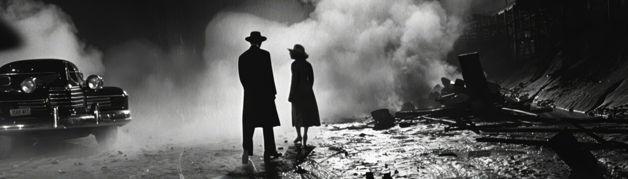 1940s interplanetary noir film set, mystery and intrigue among the stars