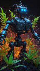 Fototapeta premium Robot in the tropics with glowing eyes. Future