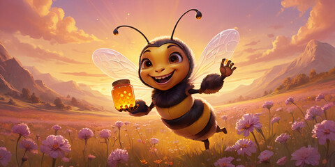 A cartoon bee with a glass jar of honey flies through a field of flowers, beautiful sunset - obrazy, fototapety, plakaty