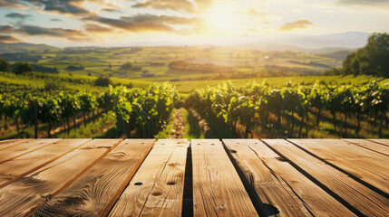 An empty wooden table for product display. Blurred vineyard in the background