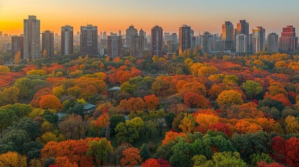 A stunning view of a city skyline with a foreground of colorful autumn trees.