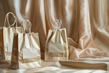Luxurious shopping bags set against a fabric backdrop, emphasizing texture and quality, - obrazy, fototapety, plakaty