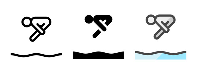 Multipurpose diving vector icon in outline, glyph, filled outline style. Three icon style variants in one pack.