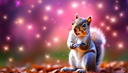 A digital painting of a squirrel with a dreamy background of pink and purple stars
