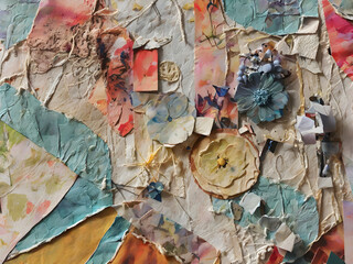 Texture background.  Abstract torn paper collage bursting with an array of colors, conveying a sense of exuberance and excitement.