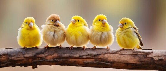 Male and female canaries perched on wooden branch, natural background 
 - obrazy, fototapety, plakaty