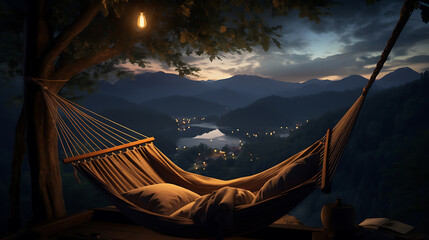 Relaxation in a hammock with a view of the stars. In the style of hygge