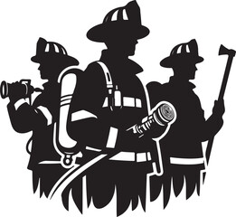 Silhouette of a fireman with a fire hose, black and white drawing, white background, vector illustration